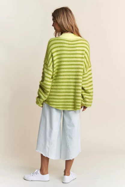 Green Stripe Fuzzy V Neck Sweater