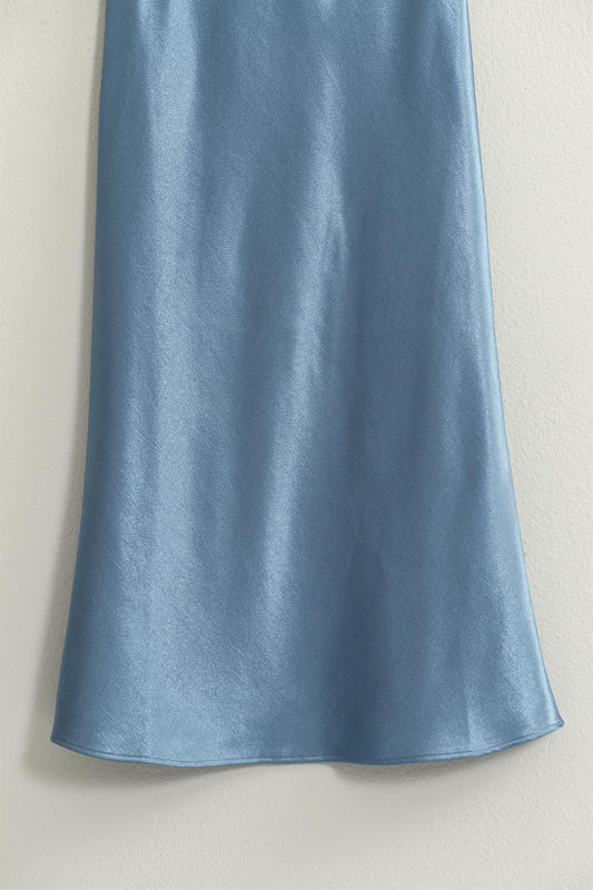 Blue High Waisted Satin Midi Skirt