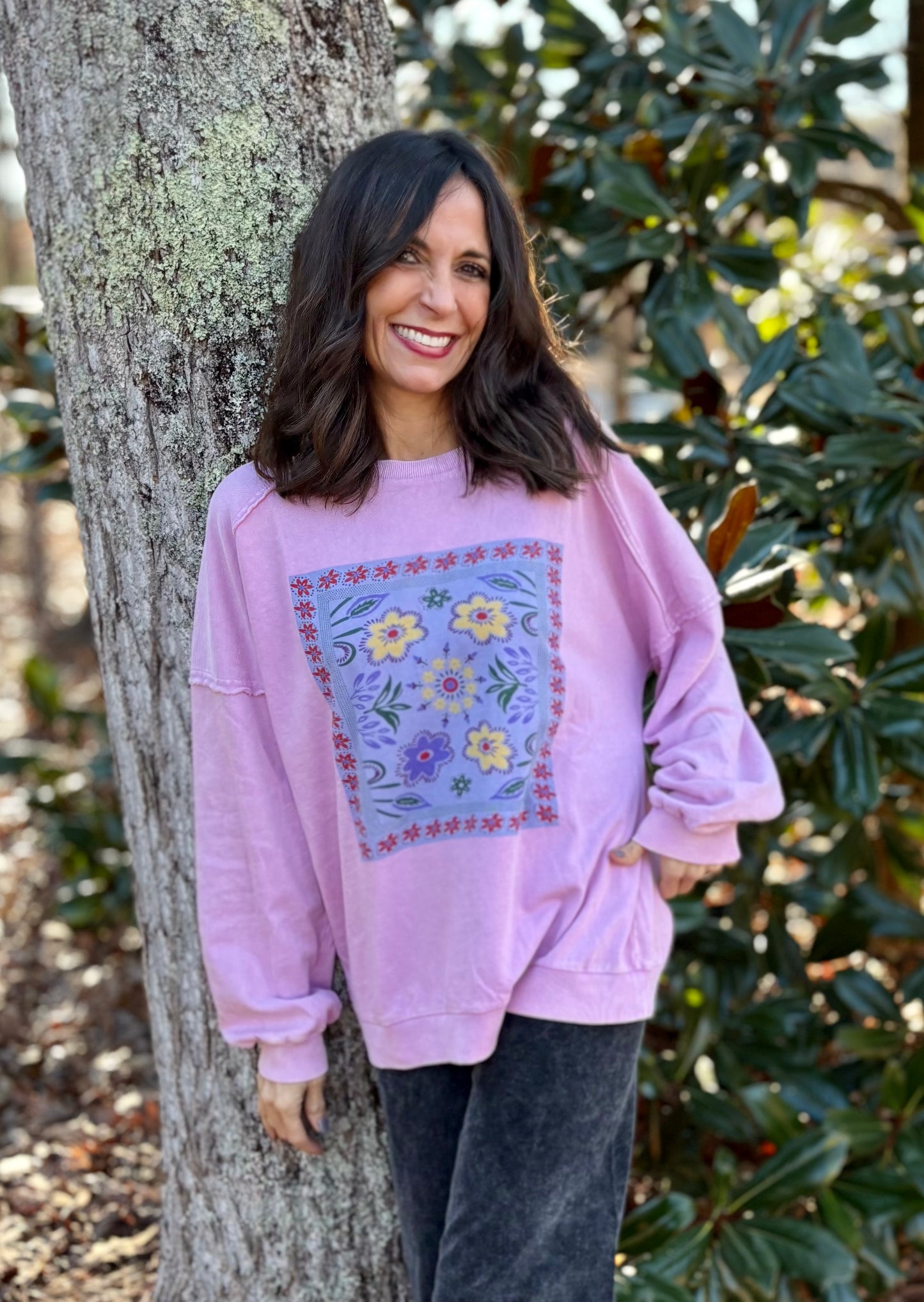 Washed Lilac Pink and Floral Sweatshirt