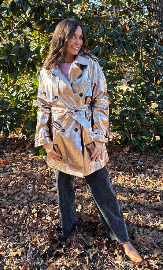 Metallic Faux Leather Trench Coat