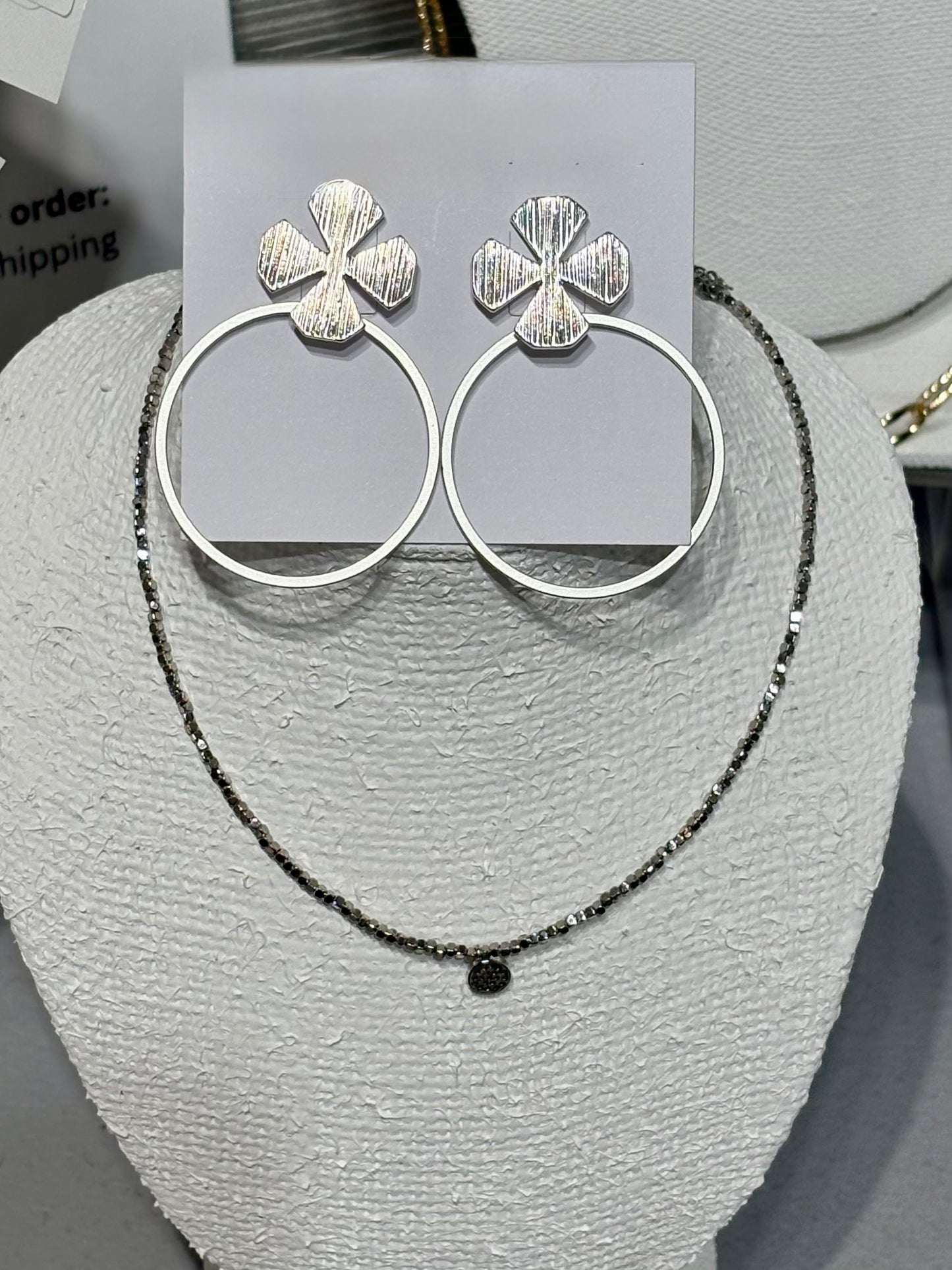 Matte Silver Hoop Earring with Clover Accent