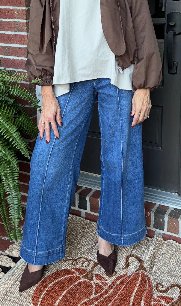 High Rise Front Seams Wide Leg Denim Jeans