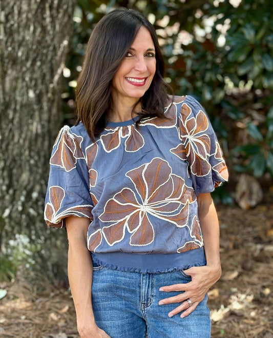 Contrast Band Detailed Navy Floral Embroidered Top
