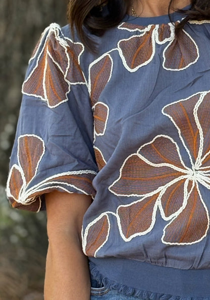 Contrast Band Detailed Navy Floral Embroidered Top