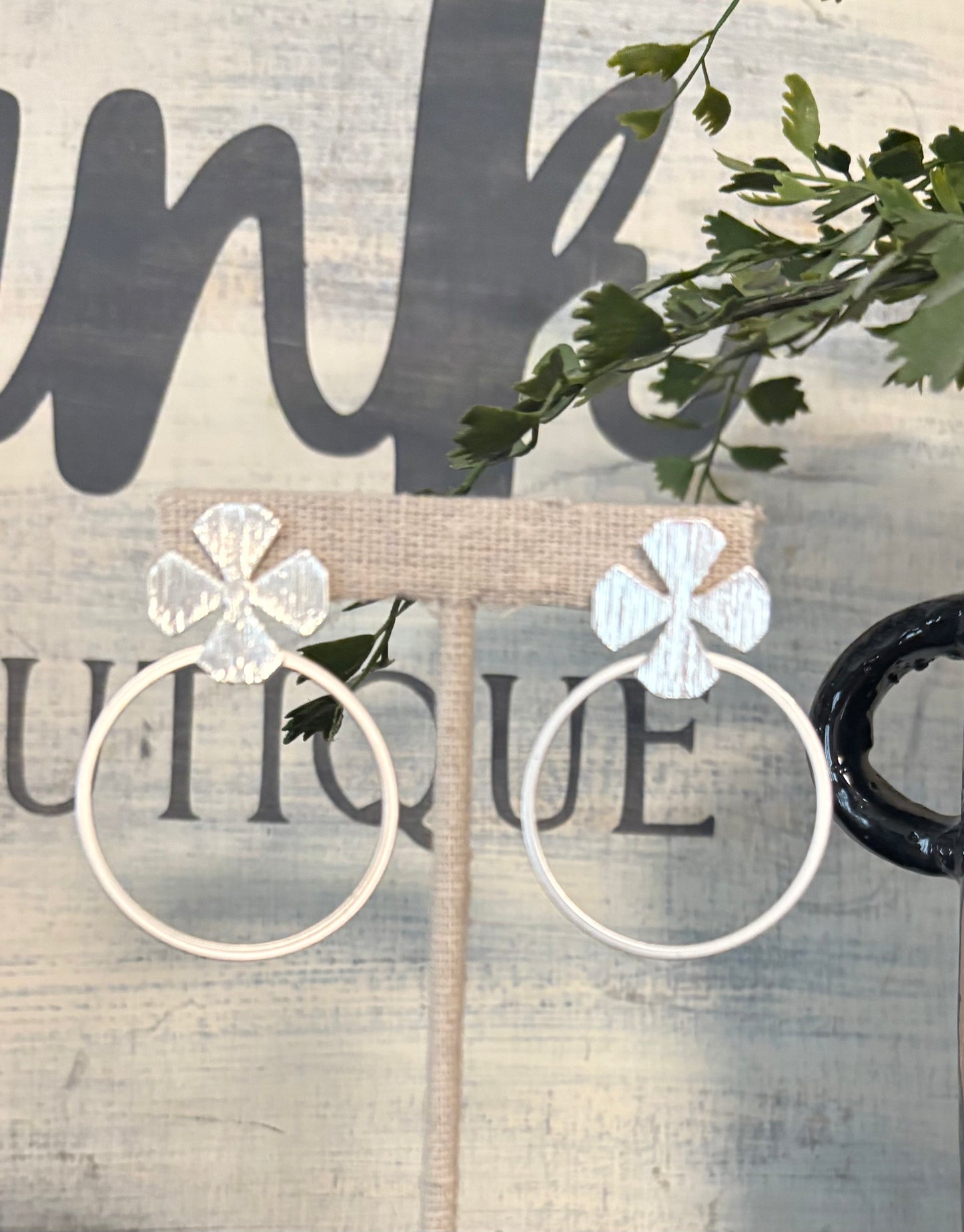 Matte Silver Hoop Earring with Clover Accent