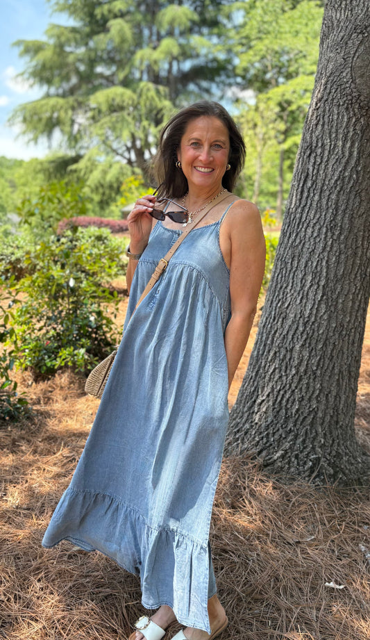 Tencel Chambray Tiered Ruffled Skirt Midi Dress