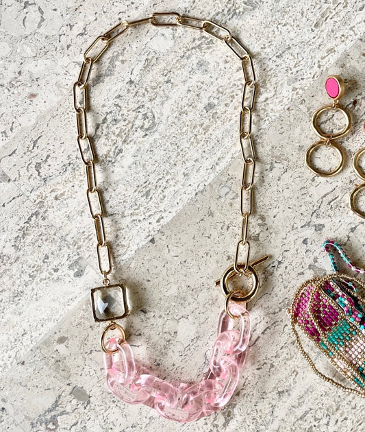 Pink Acrylic Link Gold Chain Necklace