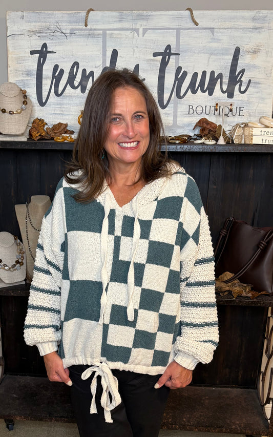 Hooded Multi Checker Drawstring Sweater