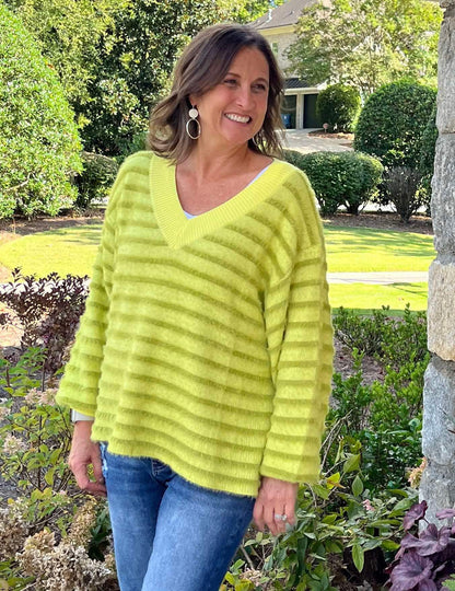 Green Stripe Fuzzy V Neck Sweater