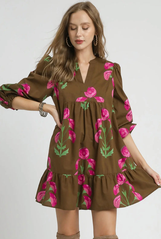 Floral Brown Mix Babydoll Dress