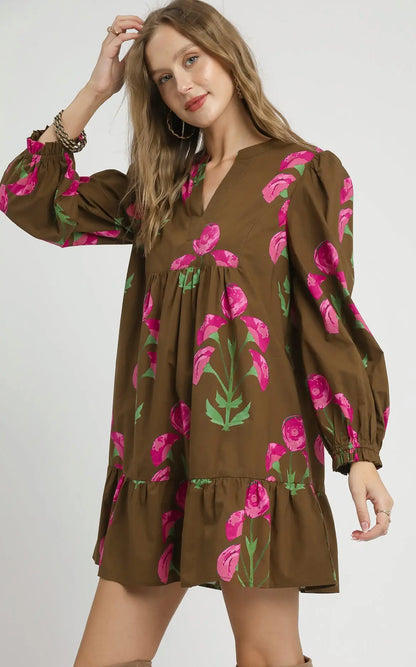 Floral Brown Mix Babydoll Dress