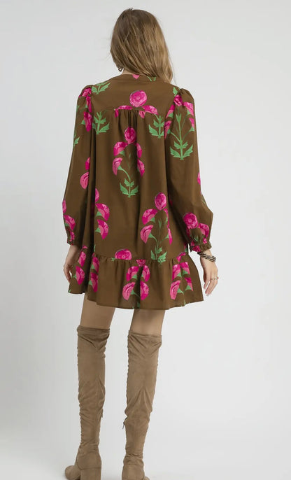 Floral Brown Mix Babydoll Dress