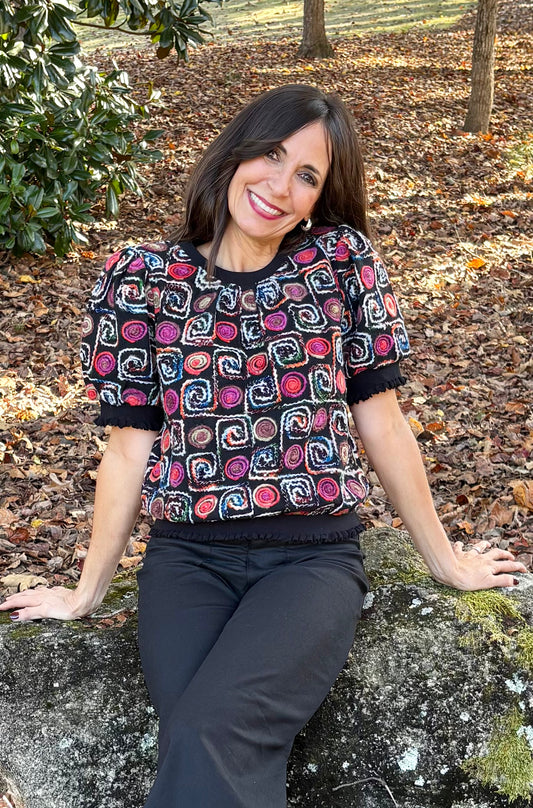 Multi Black Short Sleeve Festive Top
