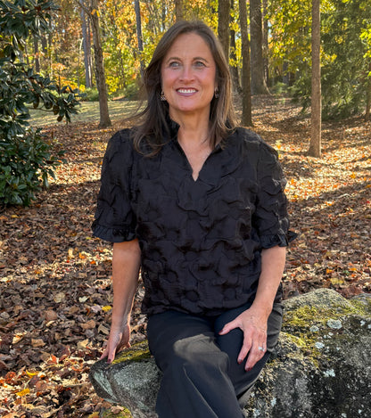 Satin Black Ruffled Detail Textured Top