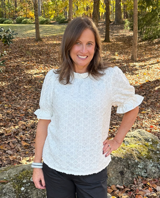 Sequin Embroidered Cream Plush Top