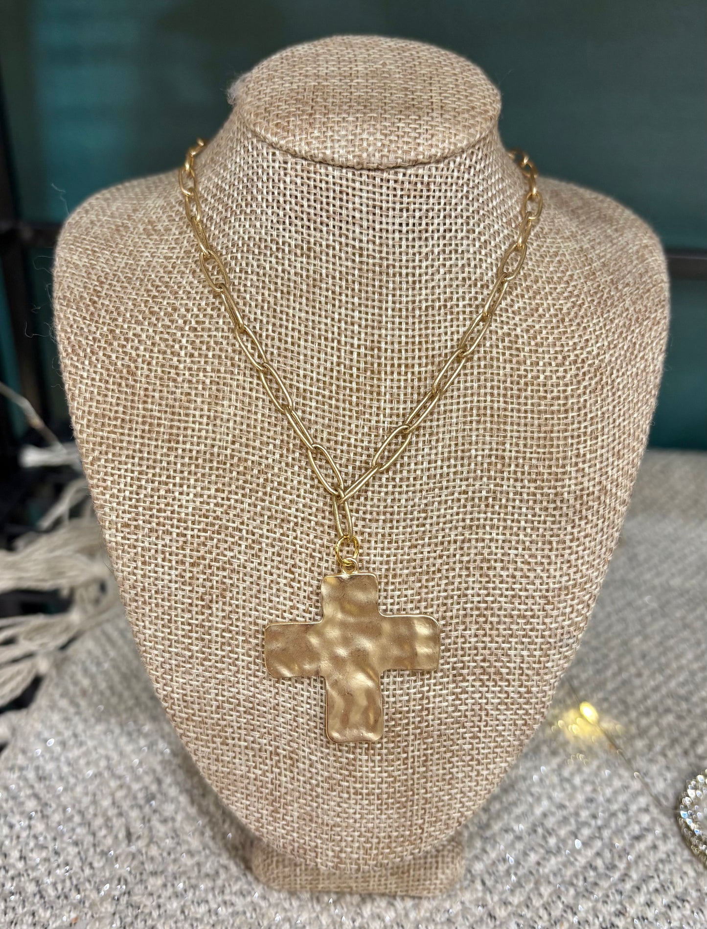 Matte Gold Hammered Cross Necklace