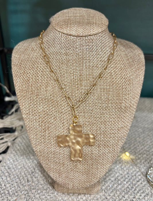 Matte Gold Hammered Cross Necklace