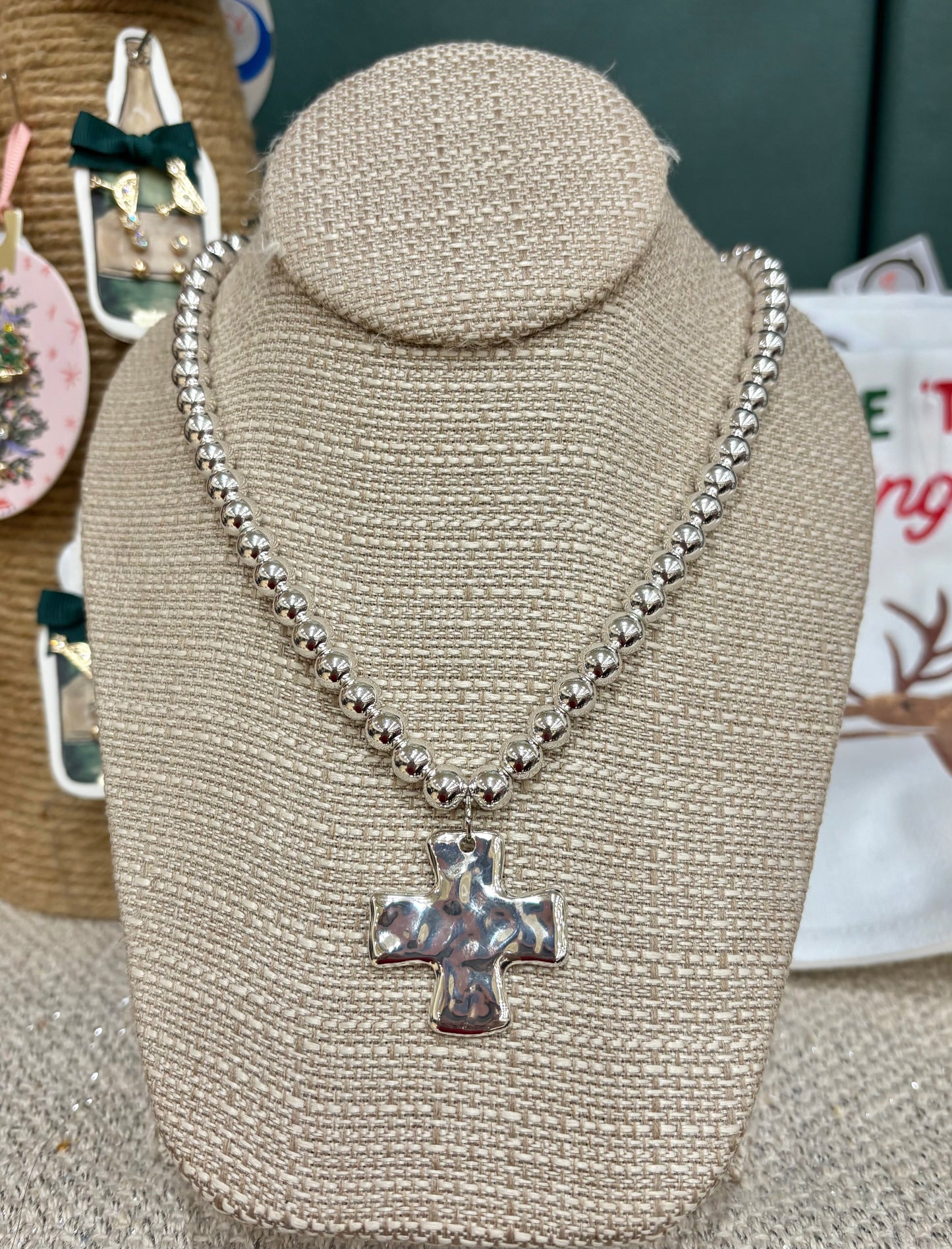 Silver Bead Cross Necklace