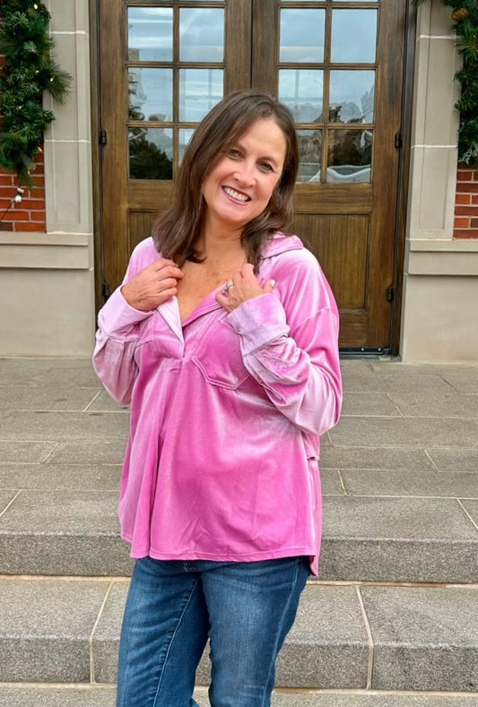 Rose Pink Velvet V Neck Tunic Top