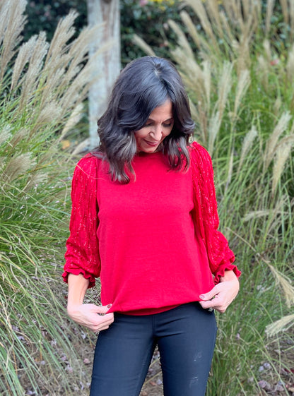 Red Foil Tinsel Sleeve Ribbed Knit Top