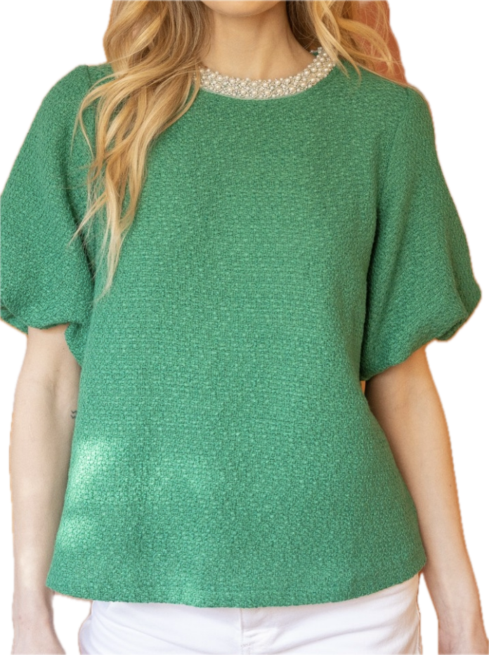 Pearled Trimmed Bubble Sleeve Tweed Top/ 2 colors