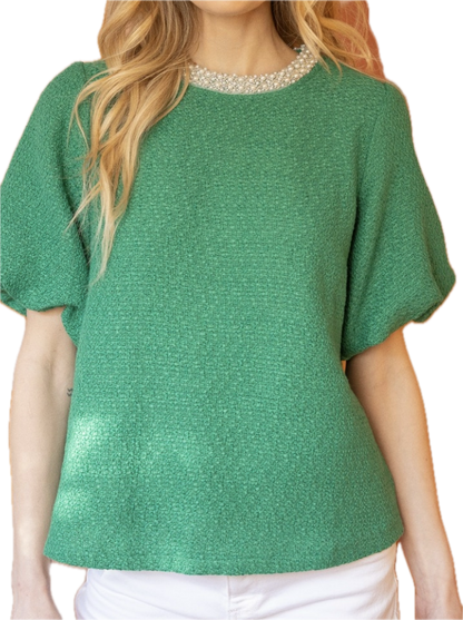 Pearled Trimmed Bubble Sleeve Tweed Top/ 2 colors