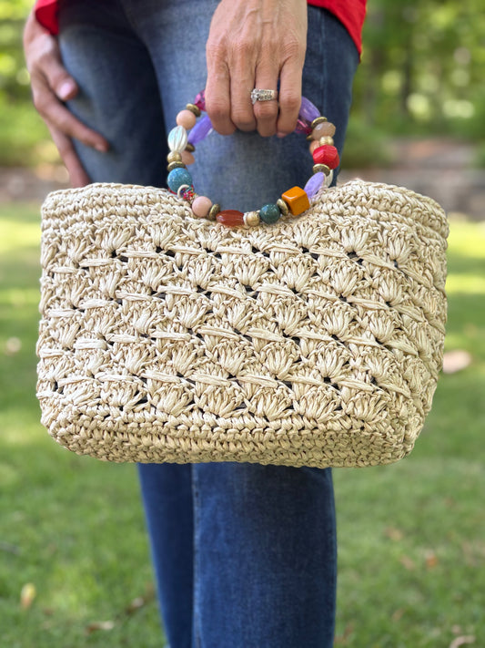 Straw Bucket Purse with Stone Handles