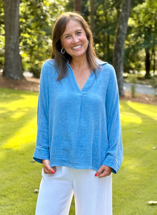 V Neck Relaxed Fit Linen Blouse