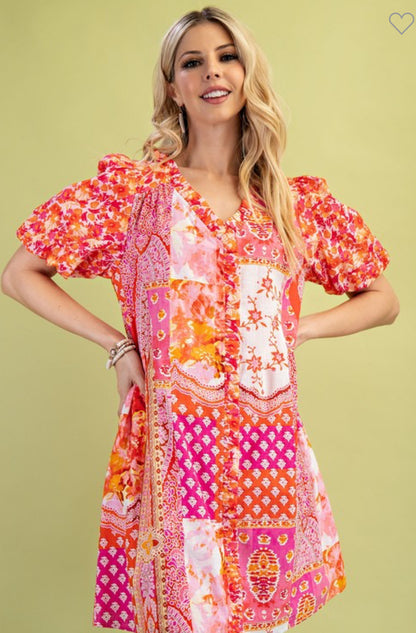 Pink Mixed Print Short Sleeve Dress