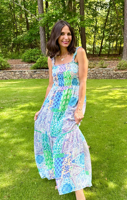 Smocked Top BLUE Patchwork Maxi Dress