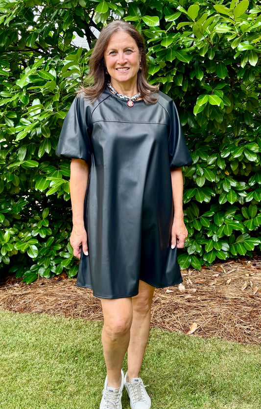 Black Pleather Short Puff Sleeve Dress
