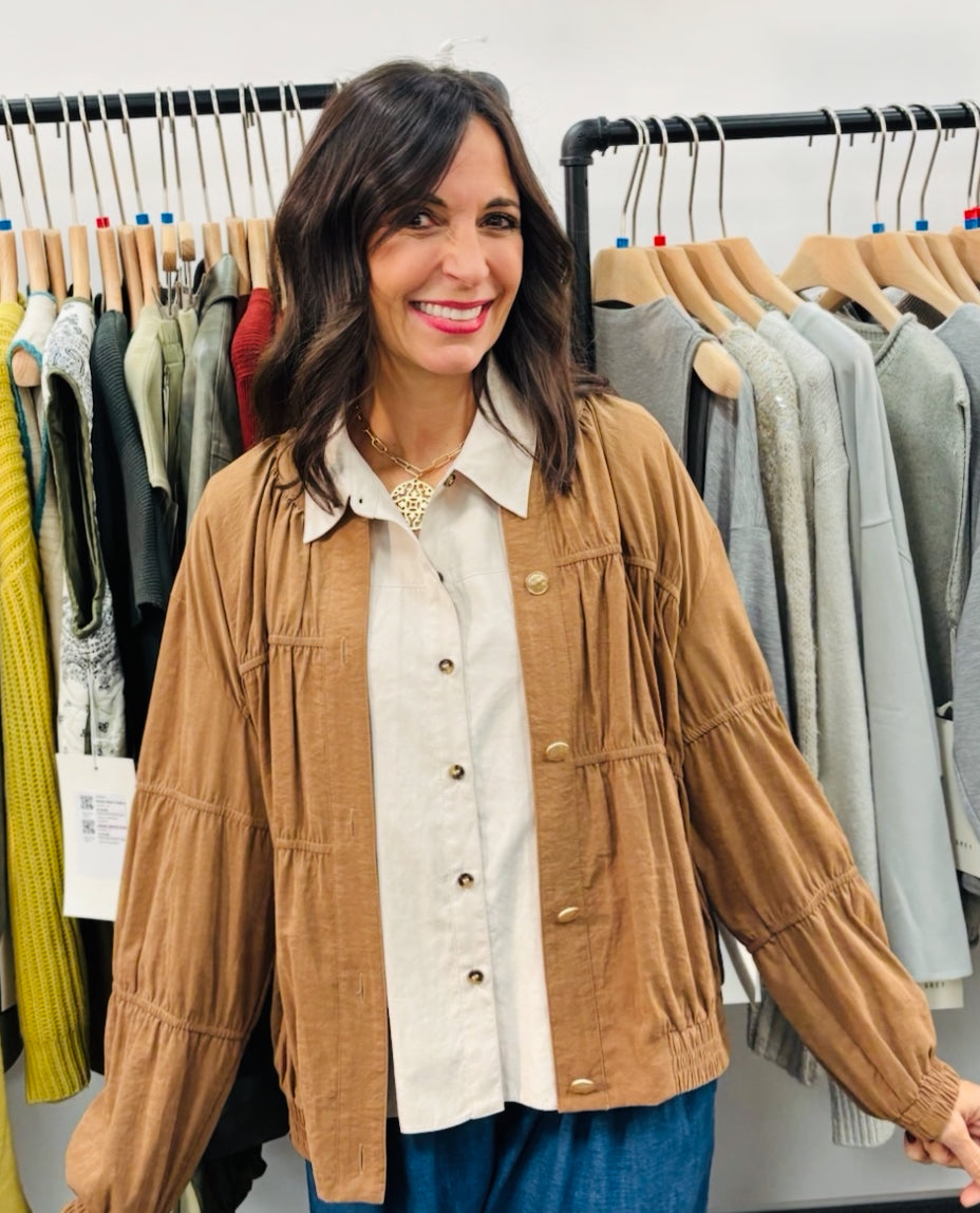 Pleated Button Front Oatmeal Blouse