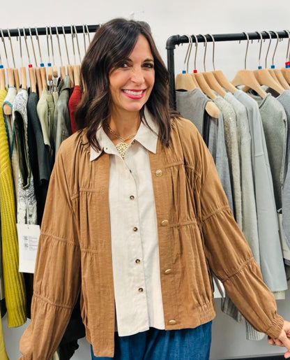 Pleated Button Front Oatmeal Blouse