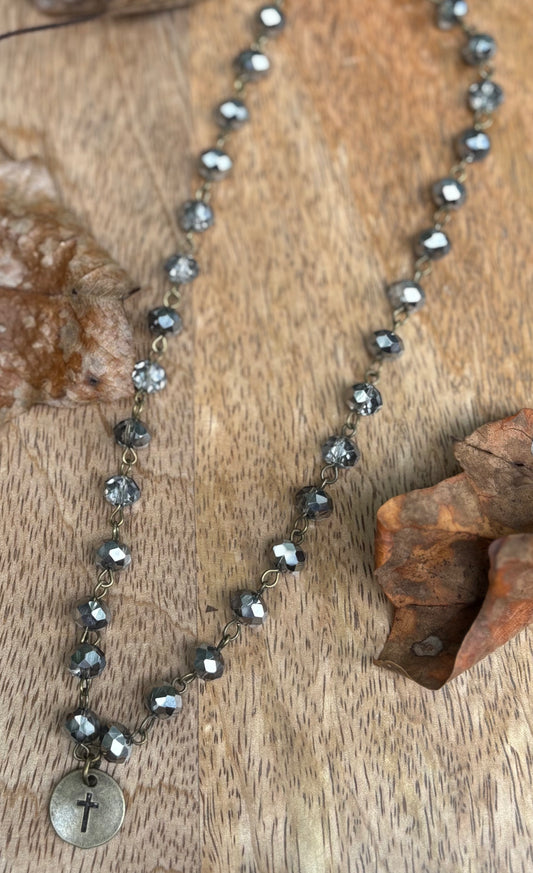 Crystal Bead & Cross Charm Choker Necklace