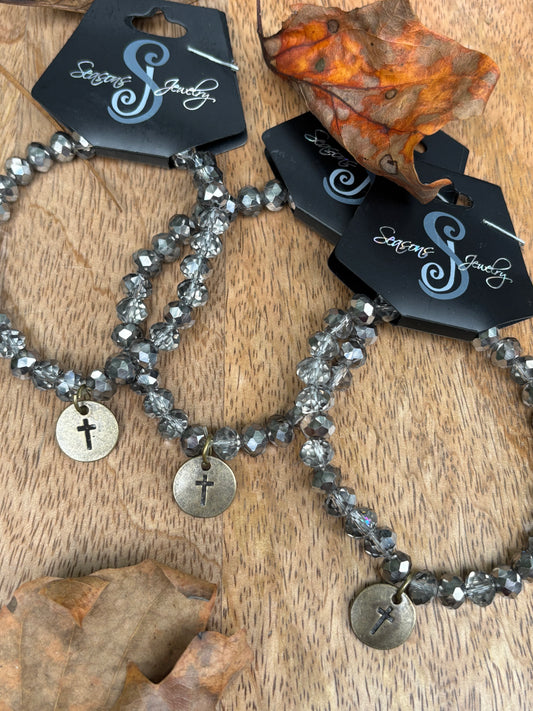 Crystal Bead Stretch bracelet with Cross Charm