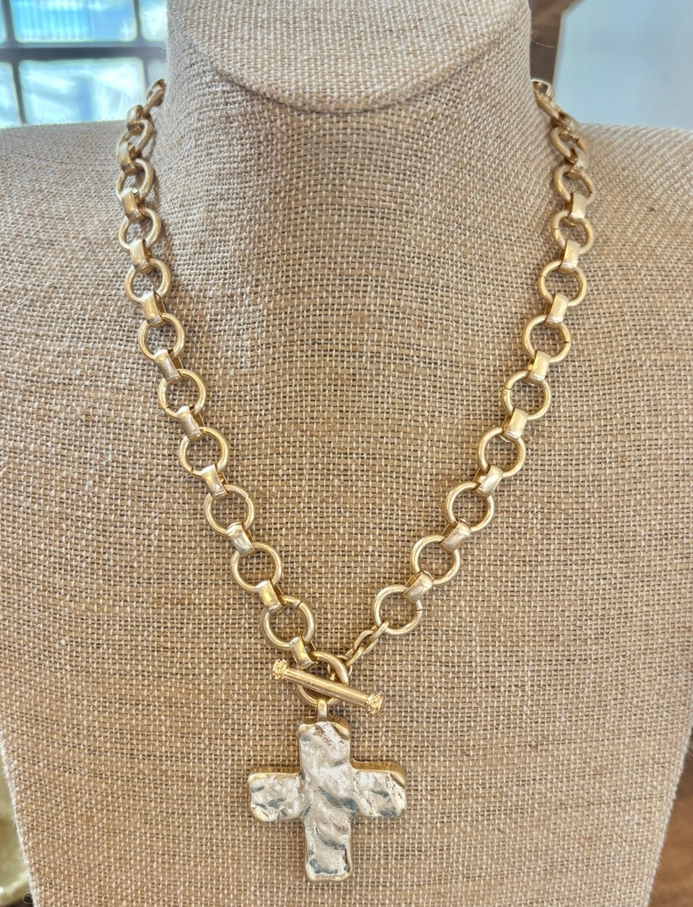 Toggle Link Chain Cross Necklace - Gold or Silver
