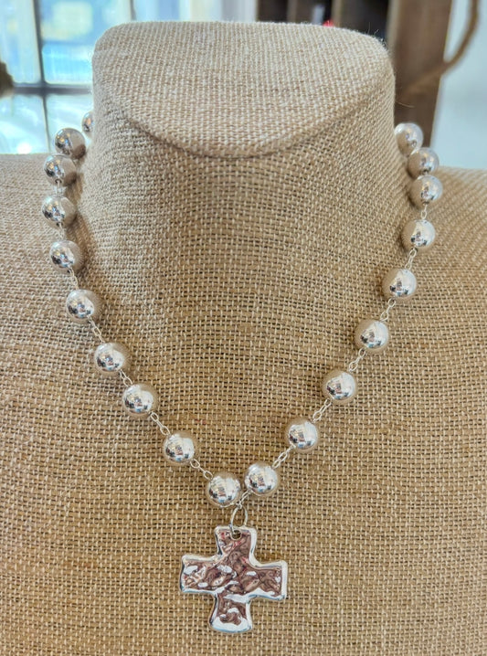 Magnetic Closure Bead Cross Necklace - Gold or Silver