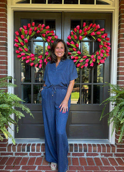 Washed Chambray Denim Wide Leg Pant