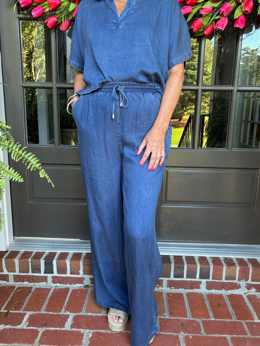 Washed Chambray Denim Wide Leg Pant