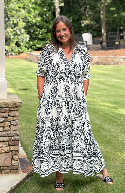 Two tone Border Print Midi Dress