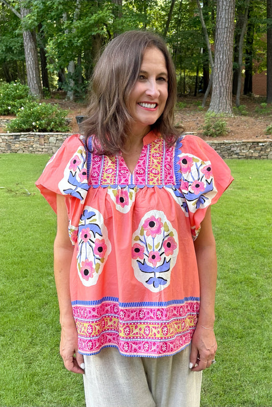 Coral Floral Border Embroidered Blouse