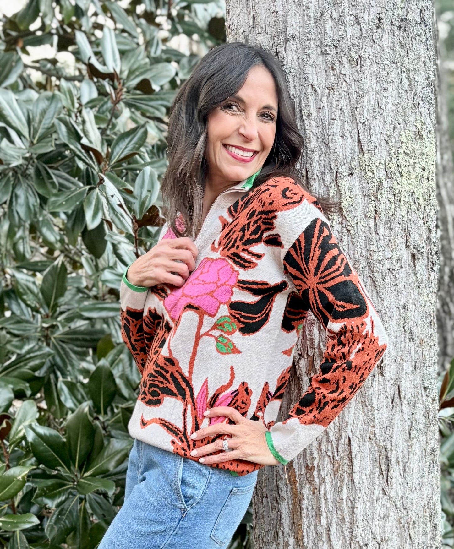 Floral Pattern Knit Quarter Zip Stand Neck Sweater