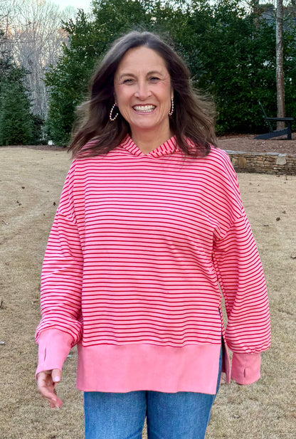 Pink Stripe Thumbhole Loose Fit Hoodie