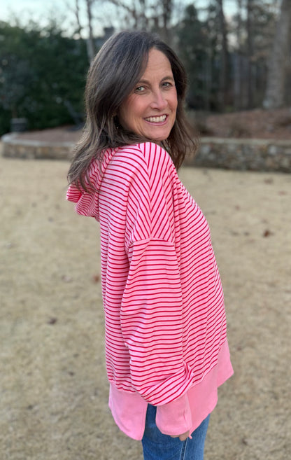 Pink Stripe Thumbhole Loose Fit Hoodie