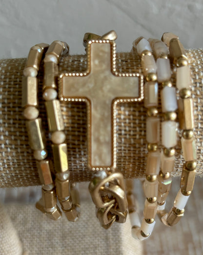 Mother Pearl Cross Gold Stretch Bracelet / 3 colors