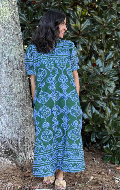 Ornamental Print Puff Sleeve Midi Dress