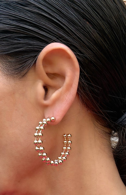 1 inch Double Bead Hoop earrings / Gold or Silver