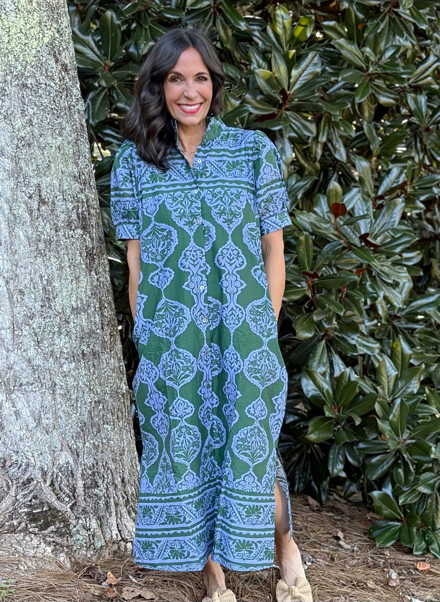 Ornamental Print Puff Sleeve Midi Dress