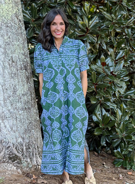Ornamental Print Puff Sleeve Midi Dress