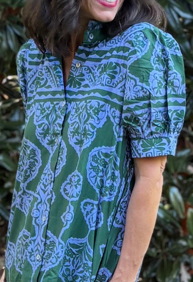 Ornamental Print Puff Sleeve Midi Dress